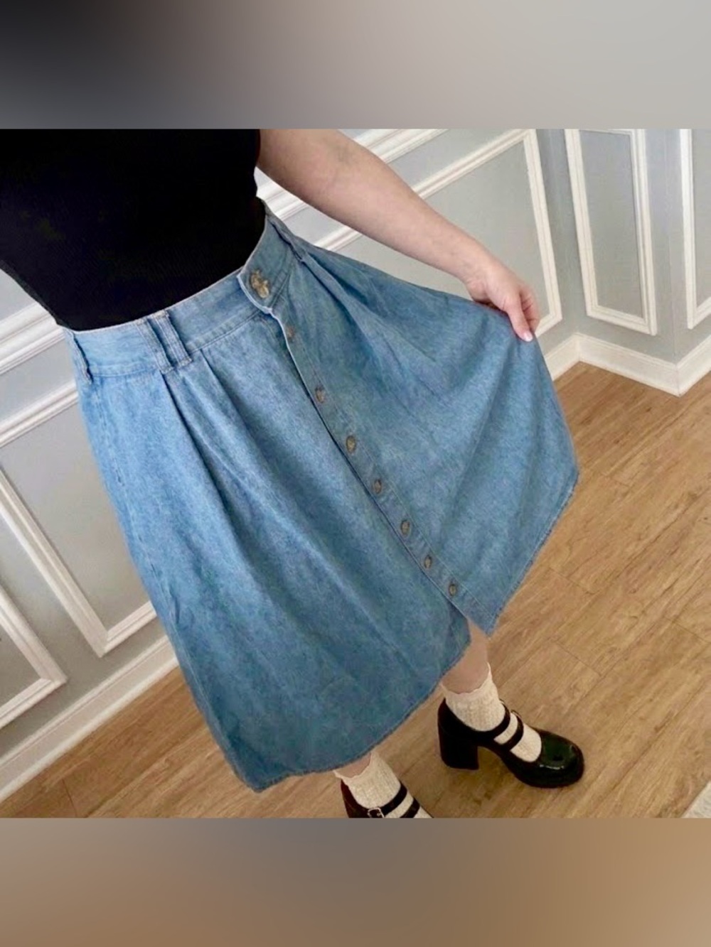 🐎 Vintage 90s Hunt Club Dark Wash Denim Button Front Midi Skirt M